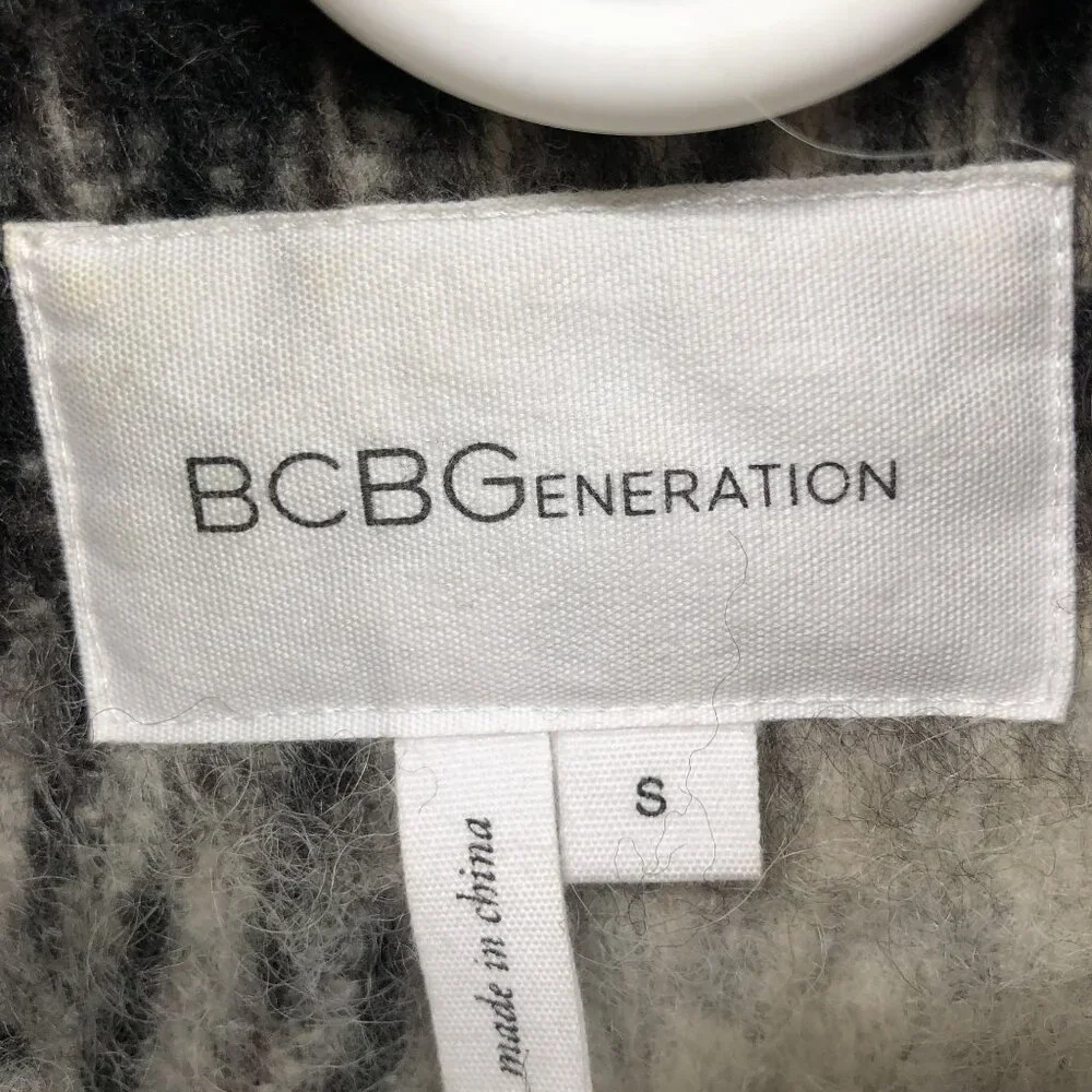 BCBGeneration Plaid Wool Blend Wrap Coat Womens Small S Black Ivory Fuzzy Long - Picture 7 of 13